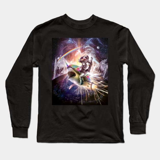 Galaxy Astronaut Cat Riding Rainbow Shark Unicorn Long Sleeve T-Shirt by Random Galaxy